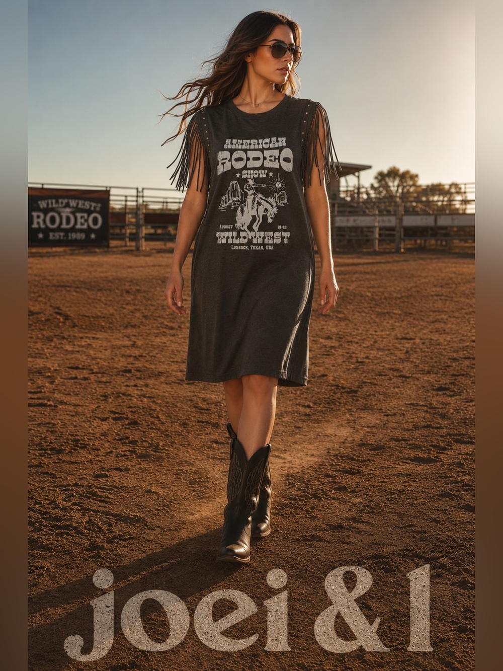 joei & l Black Fringe Sleeve Rodeo Graphic Midi Dress